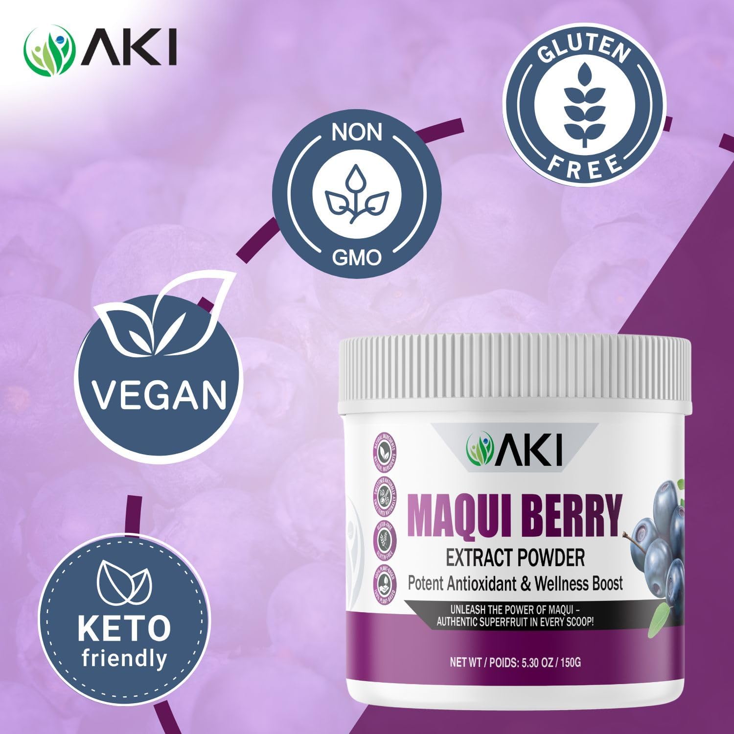 AKI Maqui Berry Extract Powder – Wild Harvested from Patagonia, High in Anthocyanins & Polyphenols, Freeze-Dried Superfruit for Smoothies, Non-GMO, Vegan, 150g/ 5.3 oz - Maple Wellness Supplements