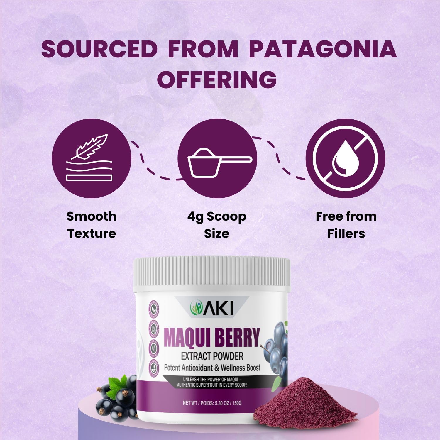 AKI Maqui Berry Extract Powder – Wild Harvested from Patagonia, High in Anthocyanins & Polyphenols, Freeze-Dried Superfruit for Smoothies, Non-GMO, Vegan, 150g/ 5.3 oz - Maple Wellness Supplements