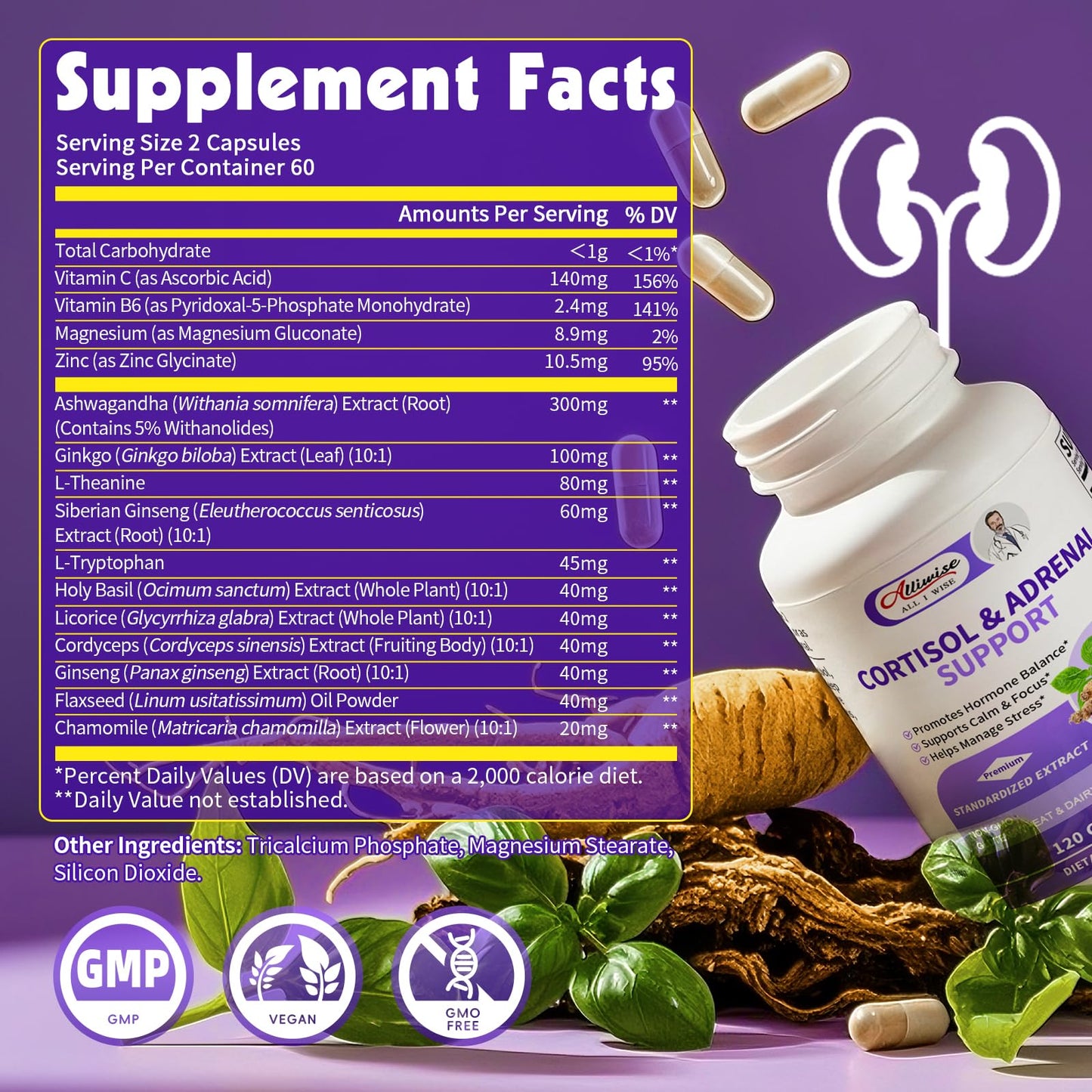 Alliwise Cortisol Supplements for Women & Men - Adrenal Support with Ashwagandha, L-Theanine & Holy Basil for Stress Relief, Mood & Steady Focus - Hormone Balance - 120 Vegan Capsules - Maple Wellness Supplements