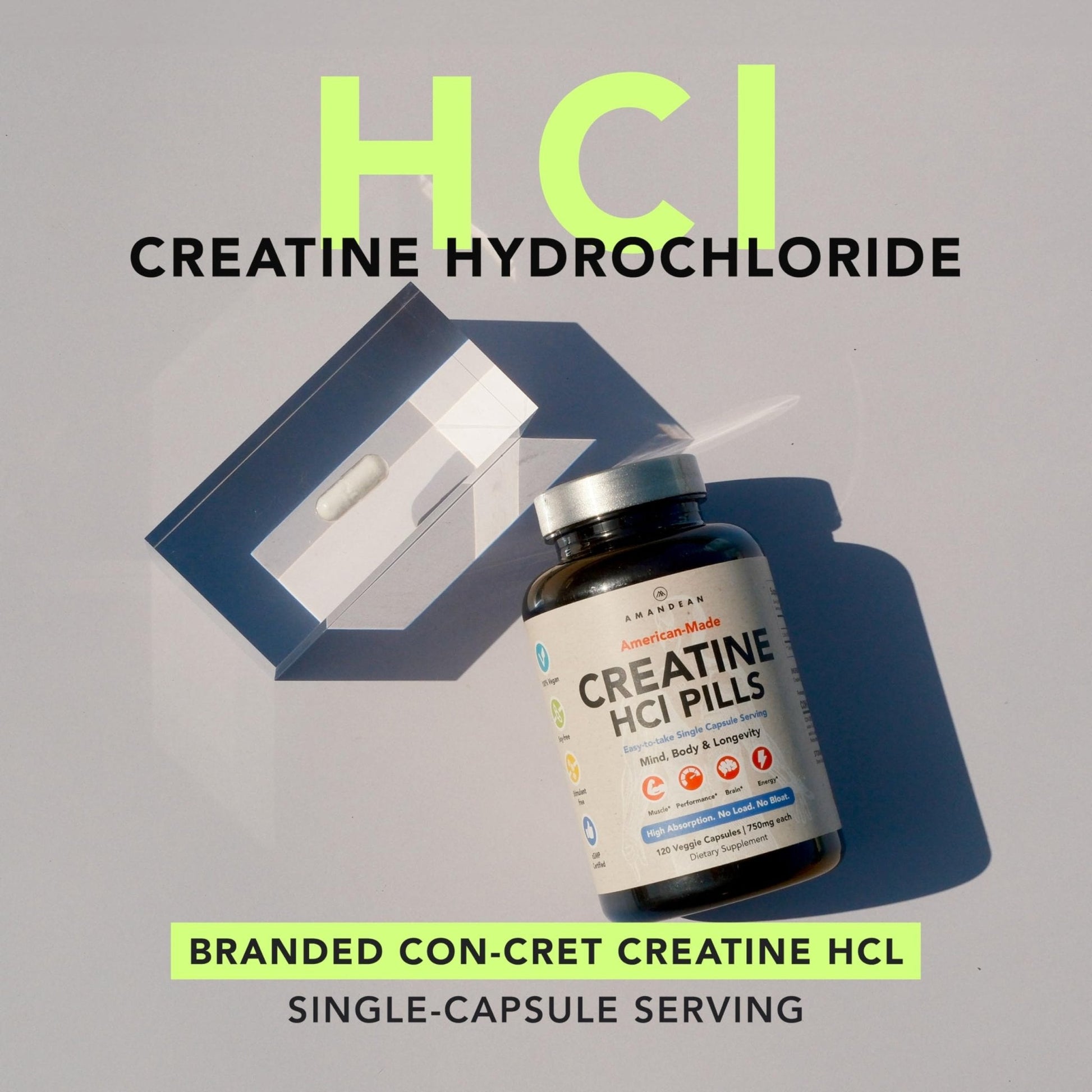 AMANDEAN Creatine HCl Pills. American Made CON-CRET. 120 Capsules. 7X Concentrated. No Bloat. Muscle, Energy, Cognitive, Recovery Support for Men & Women. Gluten Free, Non-GMO. - Maple Wellness Supplements