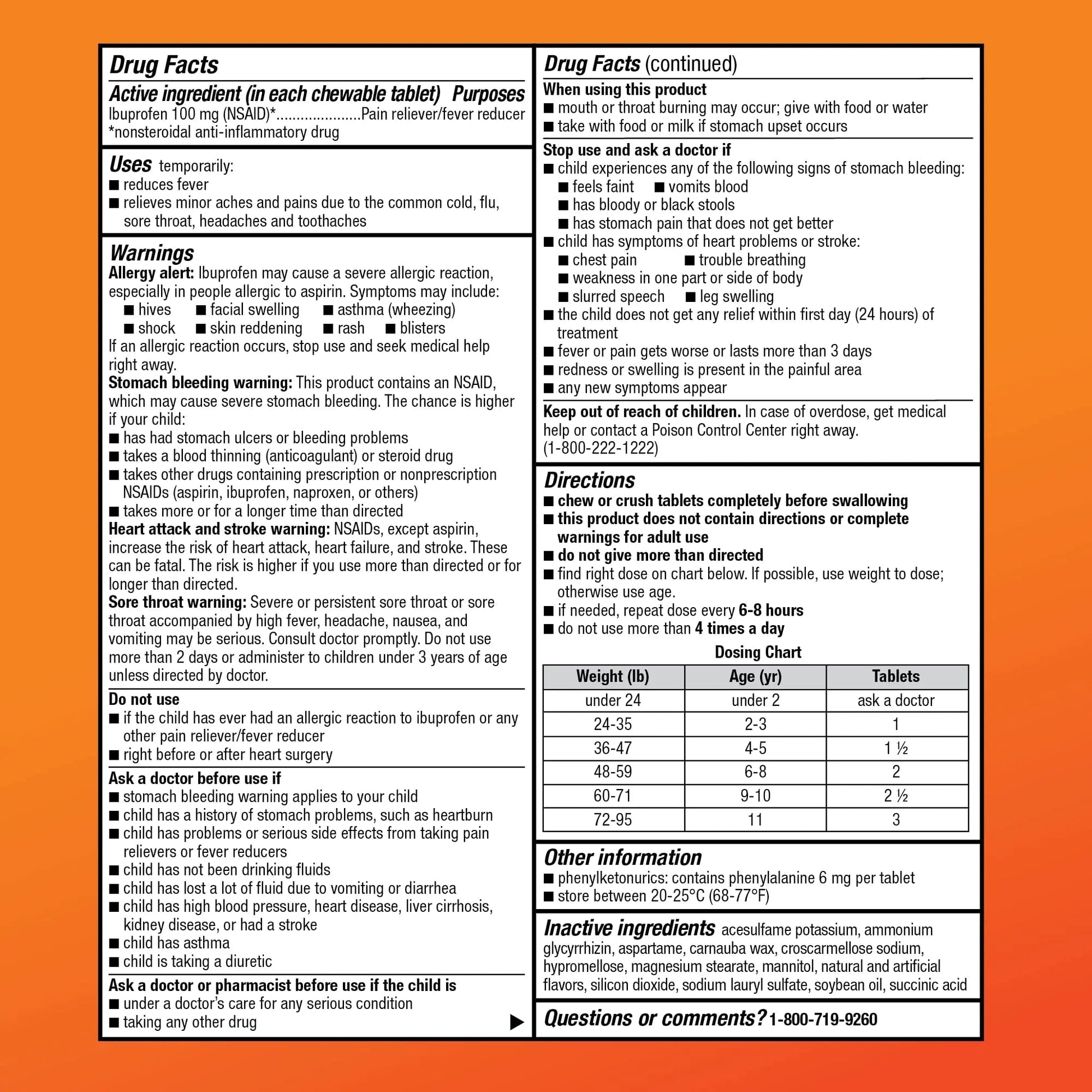 Amazon Basic Care Children's Ibuprofen Chewable Tablets 100 mg, Orange Flavor, Dye Free, Pain Reliever and Fever Reducer (NSAID), For Ages 2-11, 24 Count - Maple Wellness Supplements