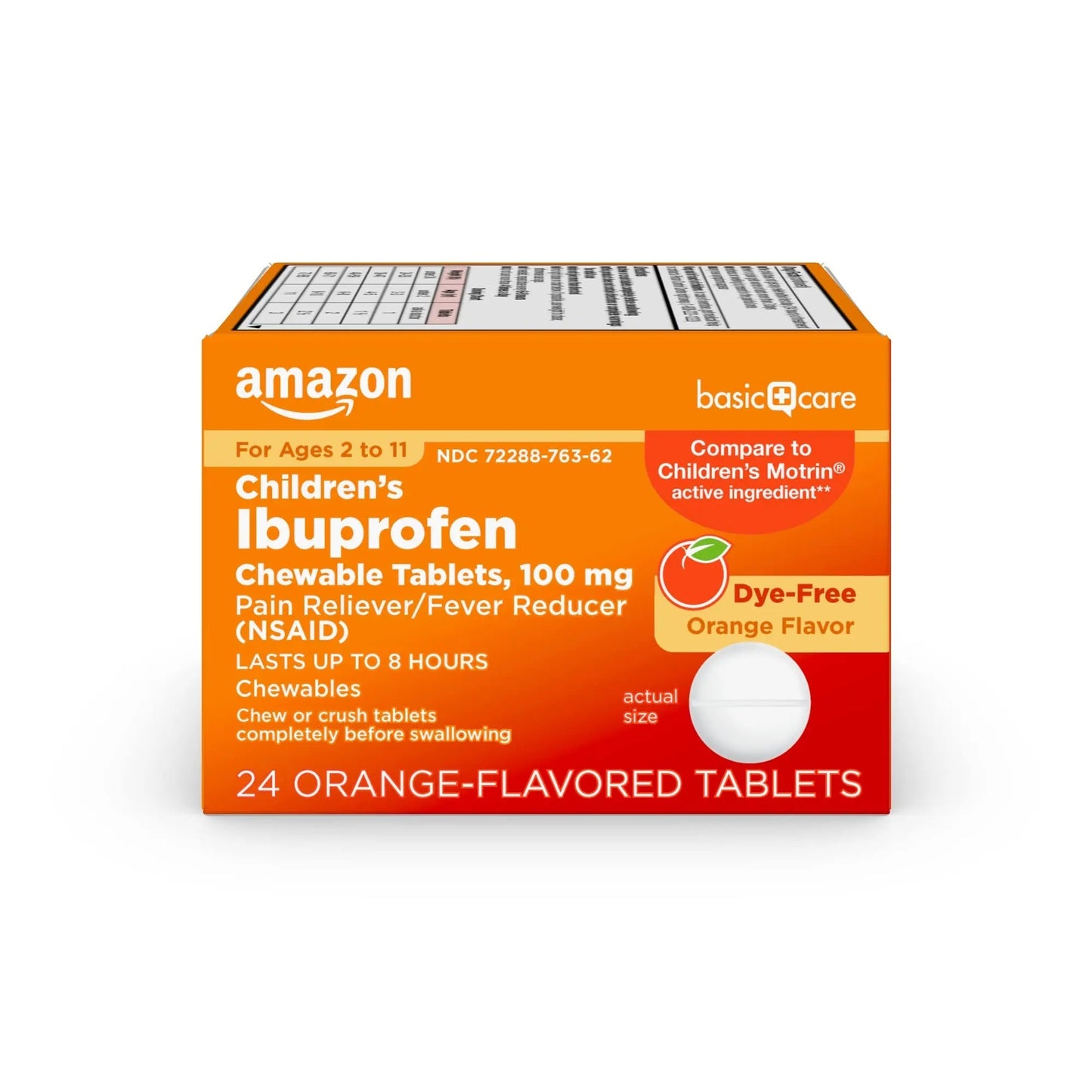 Amazon Basic Care Children's Ibuprofen Chewable Tablets 100 mg, Orange Flavor, Dye Free, Pain Reliever and Fever Reducer (NSAID), For Ages 2-11, 24 Count - Maple Wellness Supplements
