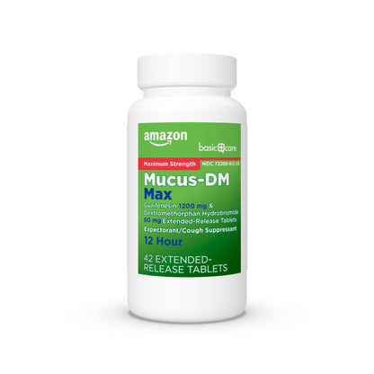 Amazon Basic Care Maximum Strength Mucus DM, Expectorant and Cough Suppressant Extended-Release Tablets, 42 Count - Maple Wellness Supplements