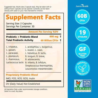 Anven Health 60 Billion Probiotics for Women and Men 19 Strains 5 Organic Prebiotics for Gut Digestive & Immune Health, Supports Diarrhea Gas Bloating, Vegan Probiotic Supplement Formula丨120 Caps - Maple Wellness Supplements