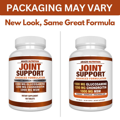 Arazo Nutrition Glucosamine Chondroitin Turmeric Msm Boswellia - Joint Support Supplement for Relief 180 Tablets for Bones, Back, - Maple Wellness Supplements