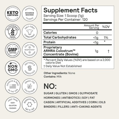 ARMRA Colostrum™ Premium Powder, Grass Fed, Gut Health Bloating Immunity Skin & Hair, Contains 400+ Bioactive Nutrients, Keto, Gluten & Fat Free (Vine Watermelon, Unflavored Bundle | 150 Servings) - Maple Wellness Supplements