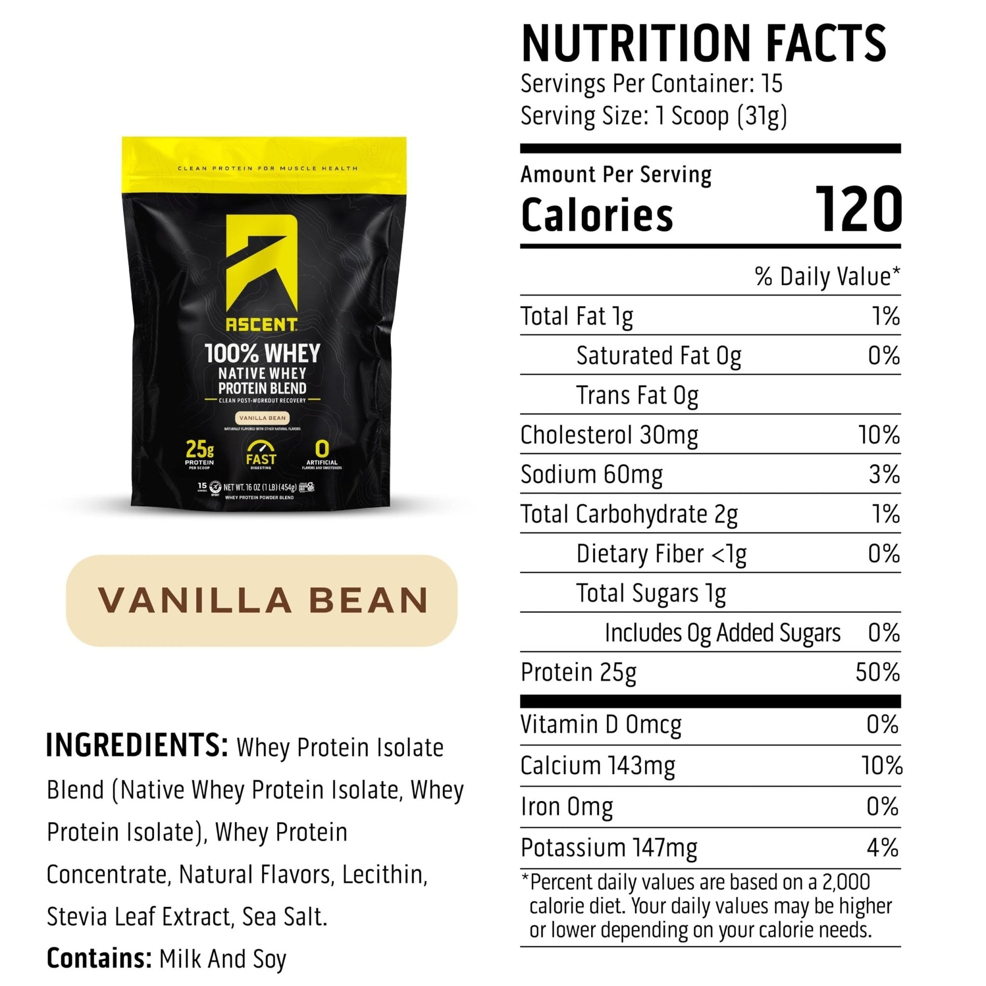 Ascent 100% Whey Protein Powder - Post Workout Whey Protein Isolate, Zero Artificial Flavors & Sweeteners, Gluten Free, 5.5g BCAA, - Maple Wellness Supplements