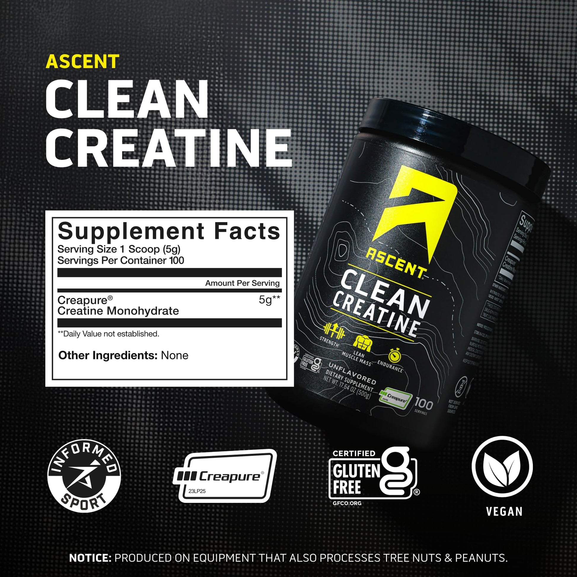 Ascent Clean Creatine Monohydrate Powder - 5G Per Serving, Creapure Creatine Supplement - Unflavored, 100 Servings - Maple Wellness Supplements