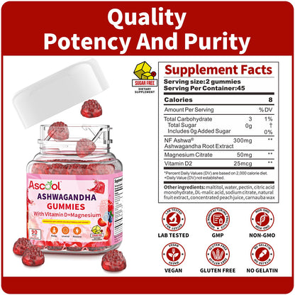 Ascool Ashwagandha Gummies for Stress Support & Relaxation with Magnesium + Vitamin D – 90 Count Sugar-Free, Vegan Ashwa Supplements - Maple Wellness Supplements