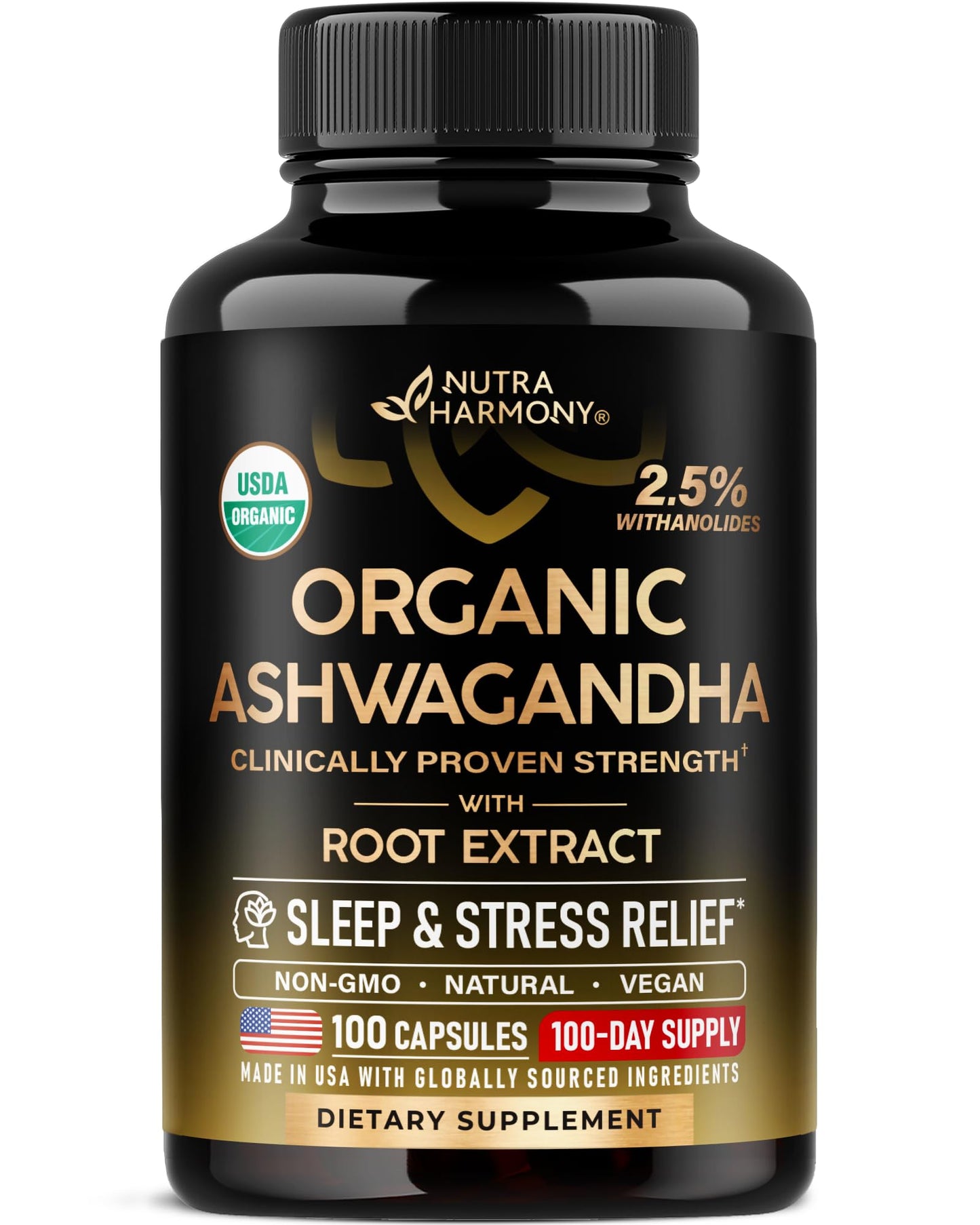 Ashwagandha Supplements 1800mg - USDA Organic Ashwagandha for Women & Men - Clinically Effective Strength for Stress Relief & Sleep - Powder & Root Extract 2.5% Withanolides - Made in USA 100 Capsules - Maple Wellness Supplements