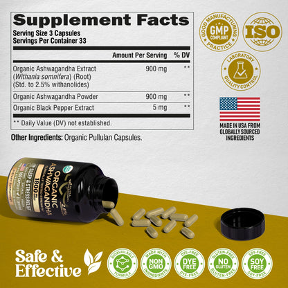 Ashwagandha Supplements 1800mg - USDA Organic Ashwagandha for Women & Men - Clinically Effective Strength for Stress Relief & Sleep - Powder & Root Extract 2.5% Withanolides - Made in USA 100 Capsules - Maple Wellness Supplements