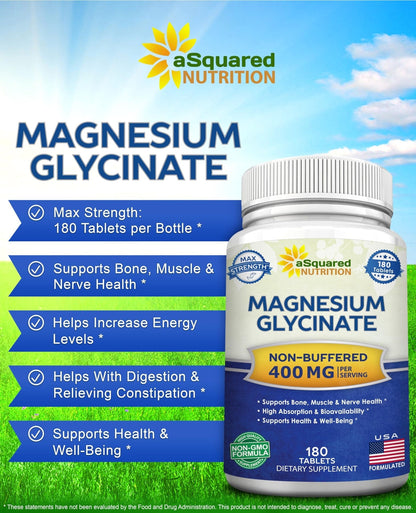 aSquared Nutrition Magnesium Glycinate 400mg - 180 Tablets - Max Strength Magnesium Bisglycinate Supplement -Maximum Bioavailability & Absorption-Non-GMO - Maple Wellness Supplements
