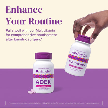 Barimelts ADEK - 60 Fast-Dissolving Tablets (2-Month Supply) - Sugar-Free Bariatric Vitamins for Women Including Vitamin A, Vitamin D, Vitamin E & Vitamin K, Natural Strawberry Flavor - Maple Wellness Supplements