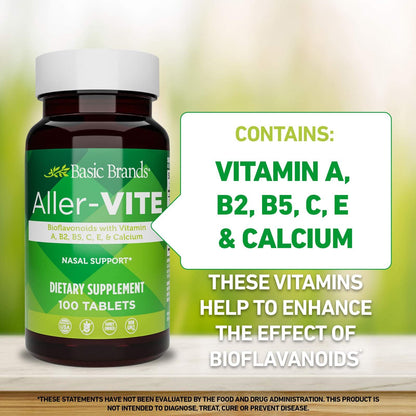 Basic Brands Aller Vite Nasal Support Tablets for Seasonal Allergy Relief, High Bioflavonoid Complex with Vitamins and Calcium, Gluten Free Daily Supplement, 100 Tablets - Maple Wellness Supplements