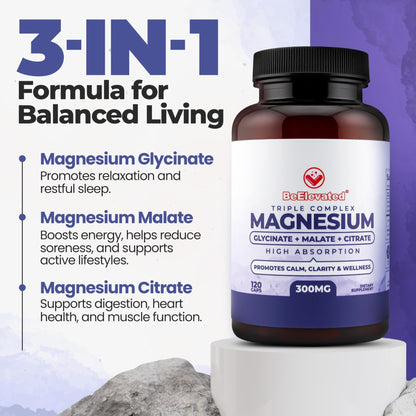 BeElevated High Absorption Triple Magnesium Complex for Sleep, Relaxation & Muscle Support – 300mg of Magnesium Glycinate, Citrate & Malate - Maple Wellness Supplements
