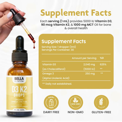 Bella All Natural Vitamin D3 K2 Liquid Drops 5000 IU (Unflavored) - Omega 3 with MCT Oil - Maple Wellness Supplements