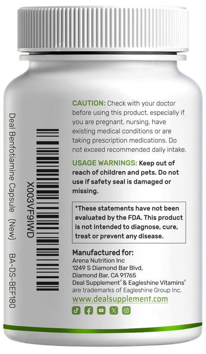 Benfotiamine 600mg Per Serving, 180 Veggie Capsules (300mg Per Cap) – Fat Soluble Vitamin B1 Thiamine Supplement - Maple Wellness Supplements