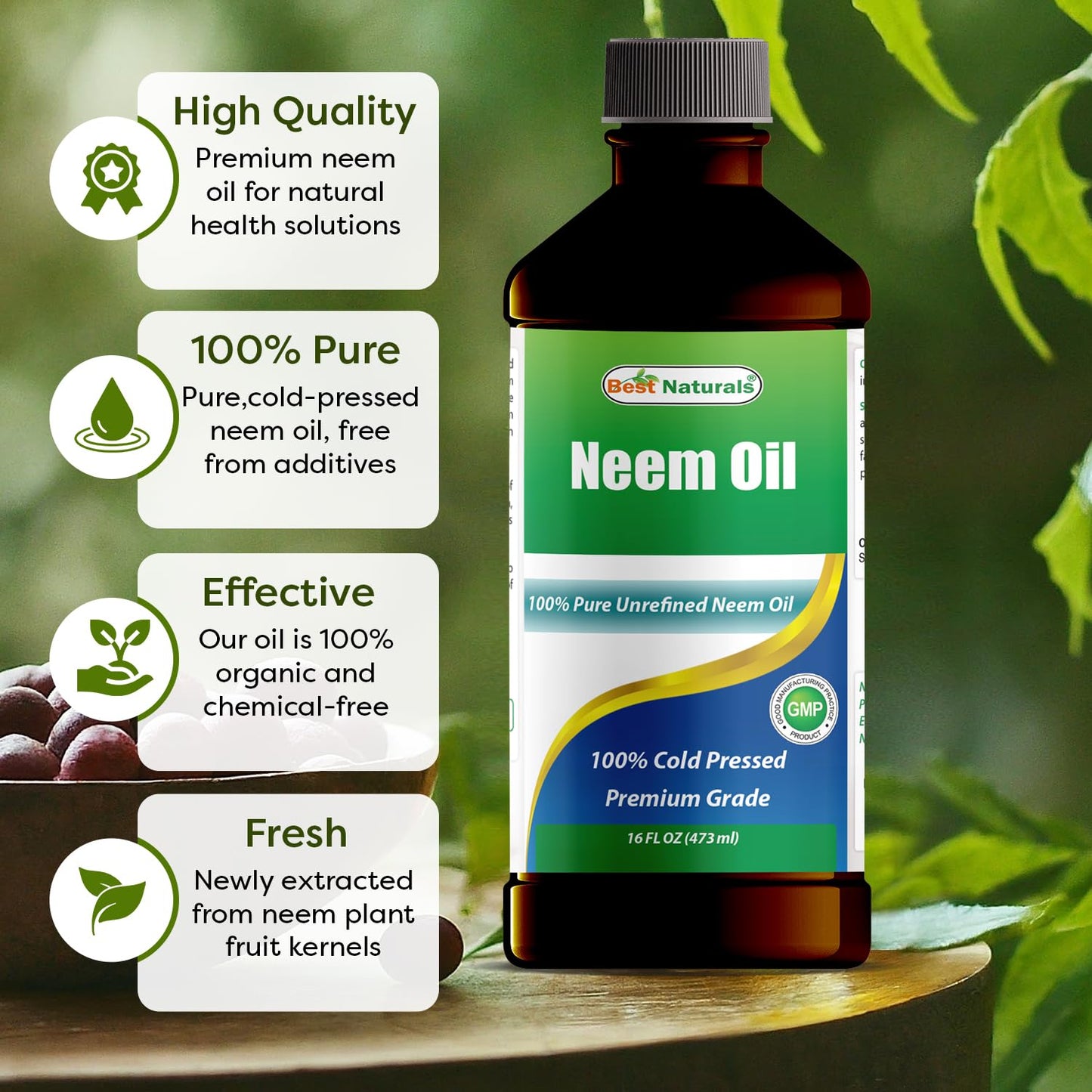 Best Naturals 100% Pure Neem Oil, 100% Cold Pressed and Unrefined - 16 OZ (1 Bottle) - Maple Wellness Supplements