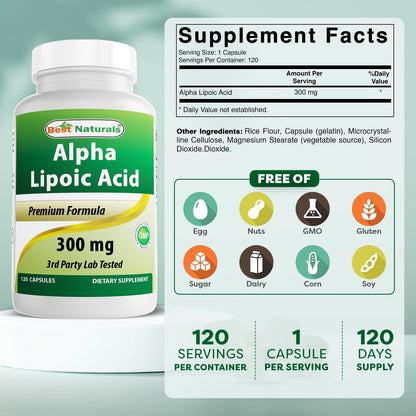 Best Naturals Alpha Lipoic Acid 300 mg 120 Capsules - Maple Wellness Supplements