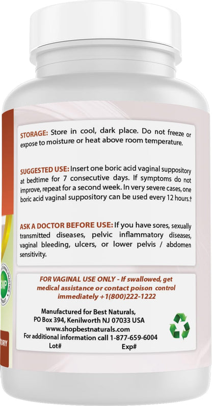 Best Naturals Boric Acid Vaginal Suppositories - Made in USA - USP Medical Grade Fine Powder, Easy Dissolve, Third Party Tested - 60 Count - Maple Wellness Supplements