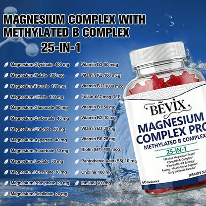 BEVIX Magnesium Complex Gummies with Methylated B Complex Magnesium Glycinate Citrate Malate Taurate Gluconate Aspartate Carbonate D3 K2, Magnesium for Relaxation Energy & Nerve, 60 Gummies - Maple Wellness Supplements