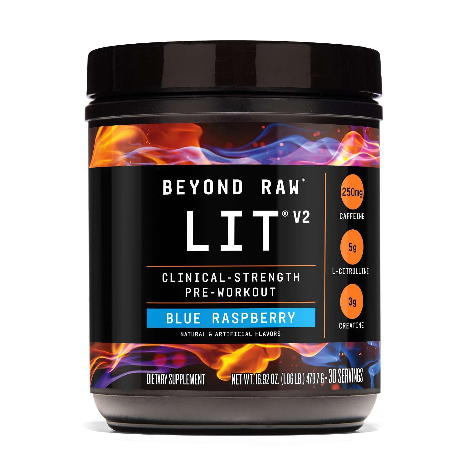 BEYOND RAW LIT V2 Clinical Strength Pre Workout Powder, Hits Harder, Bigger Pumps, Caffeine, L-Citrulline, Creatine, Blue Raspberry, 30 Servings - Maple Wellness Supplements