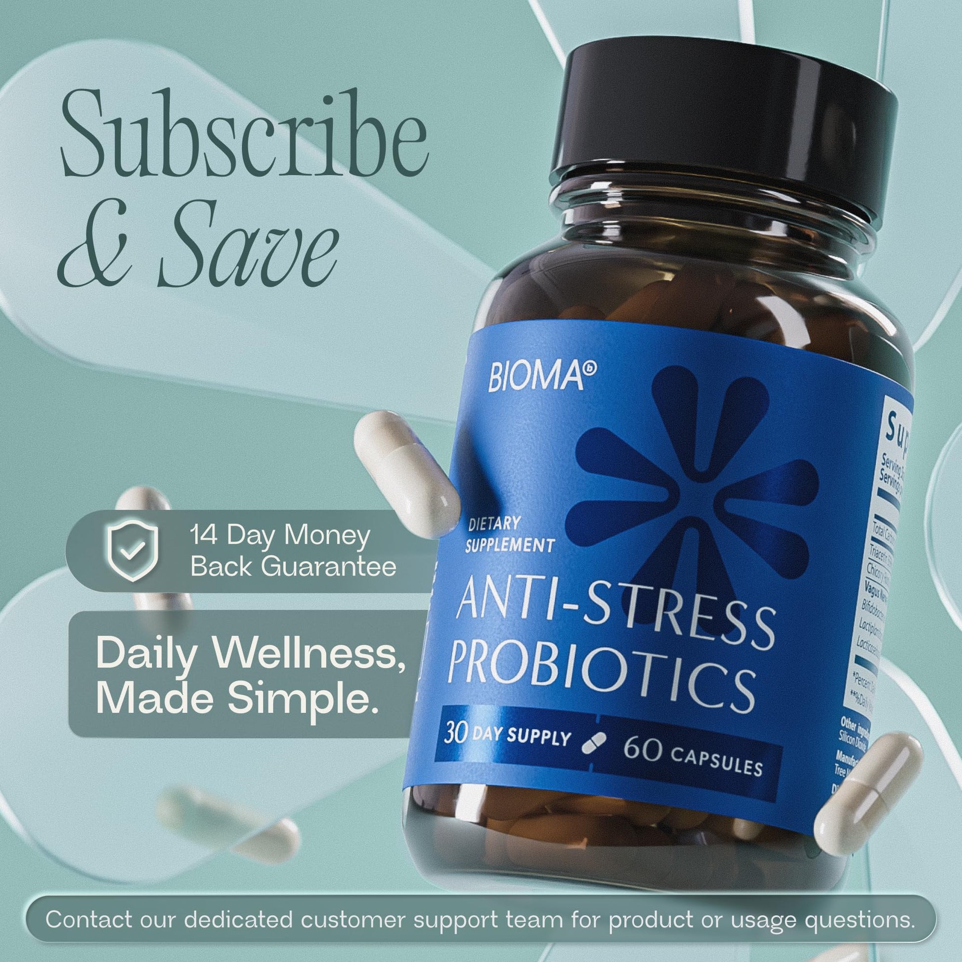 BIOMA Anti-Stress Probiotics – 3-in-1 Gut-Brain Axis Support for Stress Relief & Mood – Prebiotics, Postbiotics & Clinically Studied Strains – Vagus Nerve - Maple Wellness Supplements