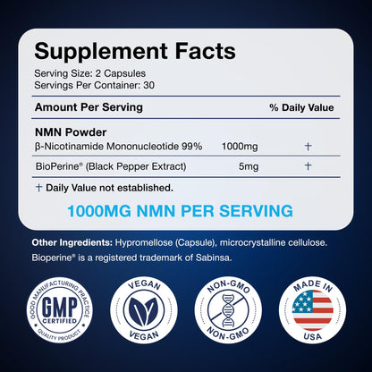 Black Forest NMN Supplements 1000mg (Nicotinamide Mononucleotide) 99% Pure, Stabilized Form, BioPerine® for Enhanced Bioavailability (60 Capsules) - Maple Wellness Supplements