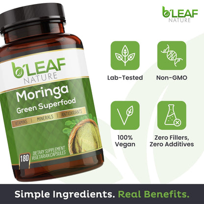B'Leaf Nature Moringa Capsules Organic 1000mg — Pure Moringa Oleifera Leaf Powder Capsules for Energy & Immune Support - Maple Wellness Supplements