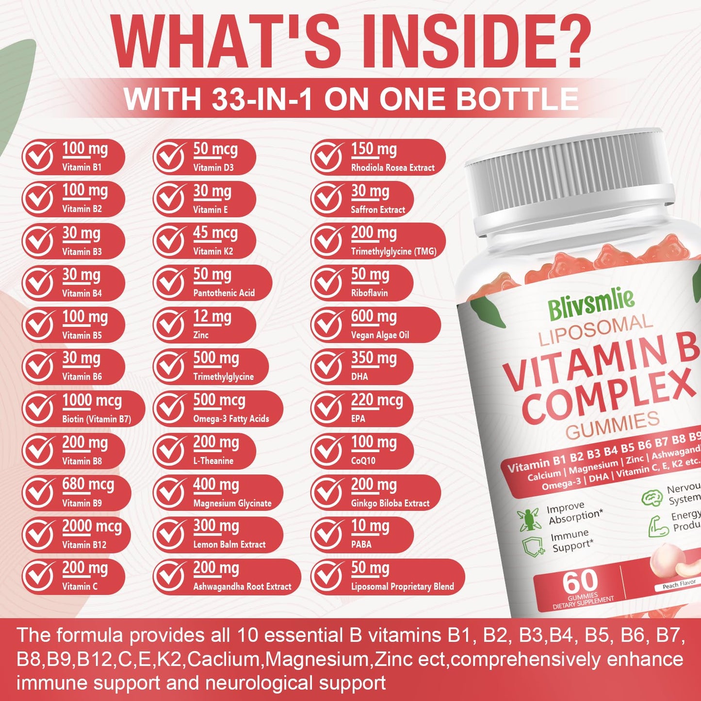 Blivsmlie 2 Pack 33-in-1 Liposomal Vitamin B Complex Gummies -B1, B2, B3, B4, B5, B6, B7, B8, B9,B12 | Vitamin C, D3,K2|Calcium,Magnesiun,Zinc etc.for Energy - Maple Wellness Supplements