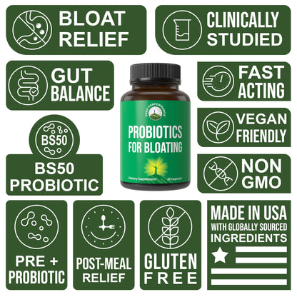 Bloat and Gas Probiotic - Proven Relief with Clinically Studied Bacillus Subtilis BS50 + Prebiotic Fiber - Fast Acting Anti Bloating Pills Supplement - Maple Wellness Supplements