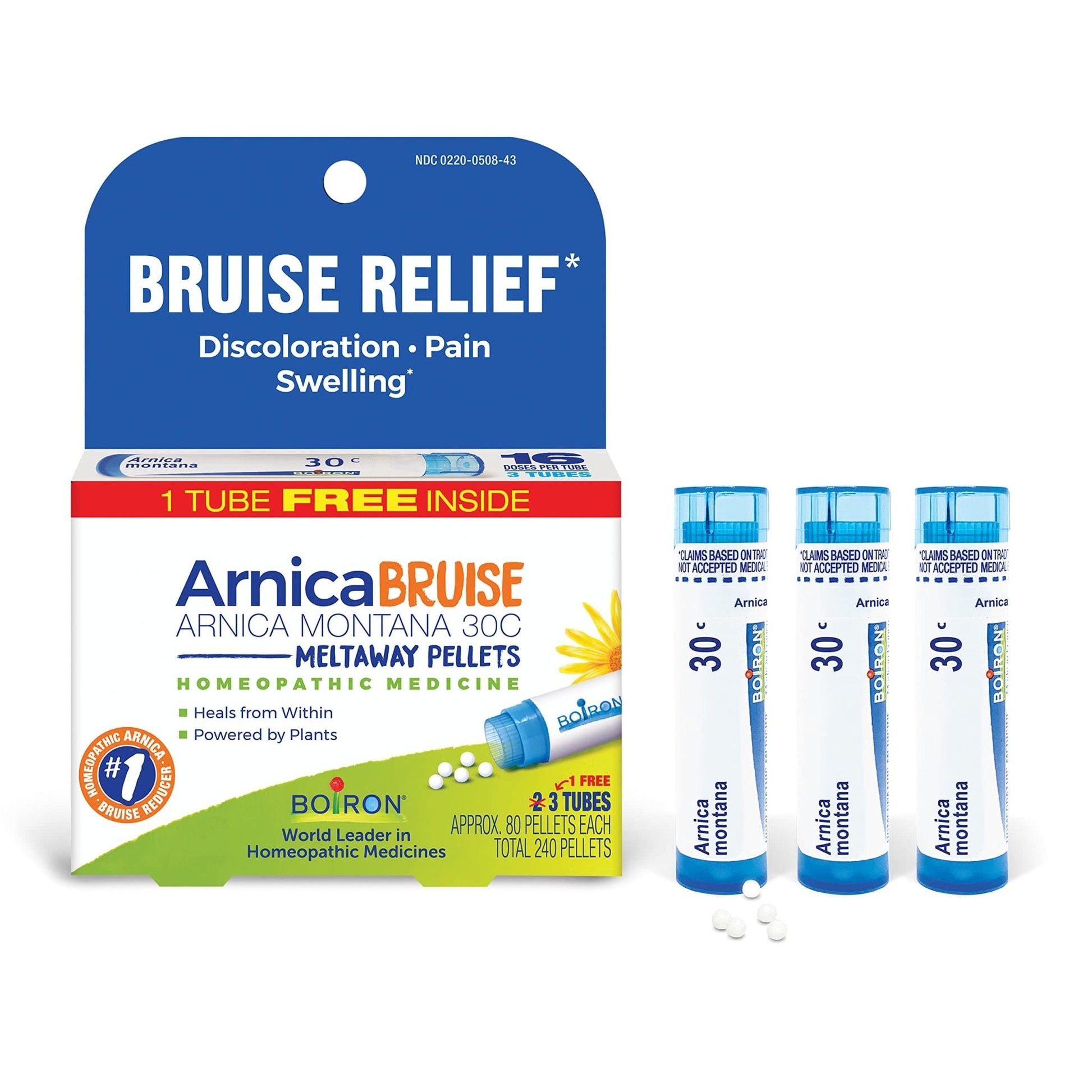 Boiron Arnica Bruise - Arnica Montana 30c for Relief of Pain, Swelling, and Discoloration from Bruises - 3 Count (240 Pellets) - Maple Wellness Supplements