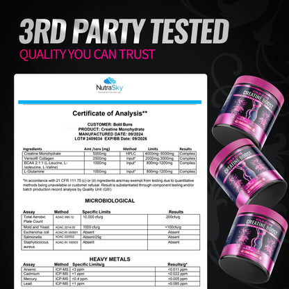 Bold Buns Creatine for Women – Supplement with Collagen & BCAA – Supports Muscle Development, Post-Workout Recovery, Skin Elasticity, - Maple Wellness Supplements