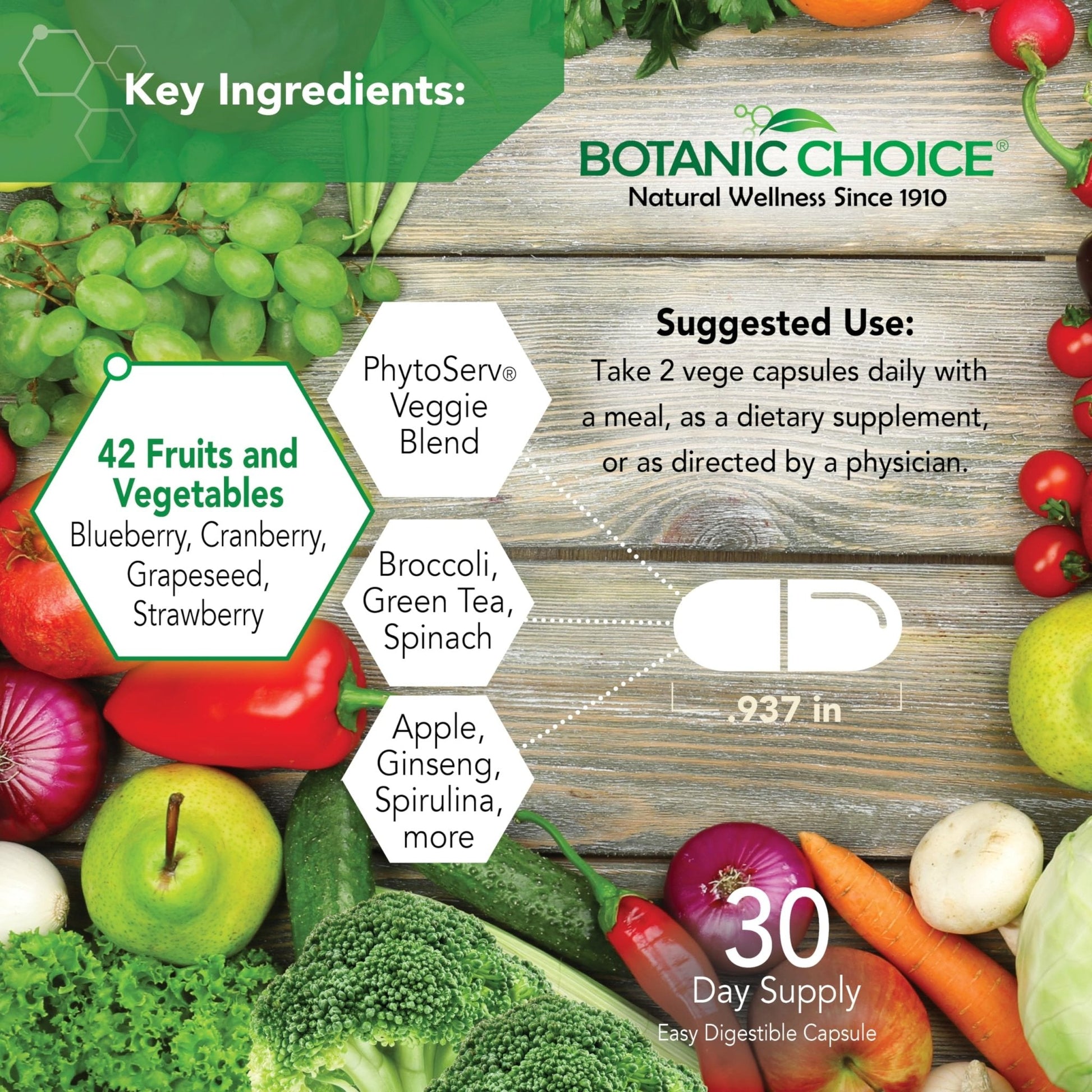 Botanic Choice Since 1910 - Mega Fruits & Veggies Blend - 42 Fruits and Vegetables - 2 Caps Daily - 60 Count Supplement - Maple Wellness Supplements