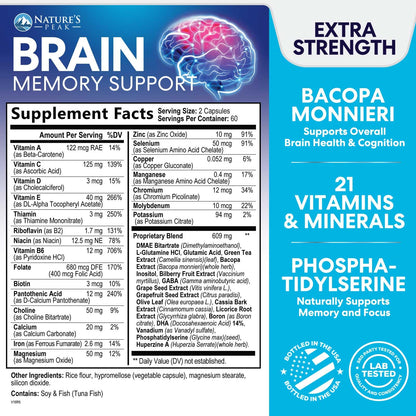 Brain Memory Supplement - 3X Strength Nootropics for Concentration, Clarity & Focus Support - Brain Health Cognitive Vitamins with Bacopa, Phosphatidylserine & DMAE, Brain Booster Pills, 120 Capsules - Maple Wellness Supplements