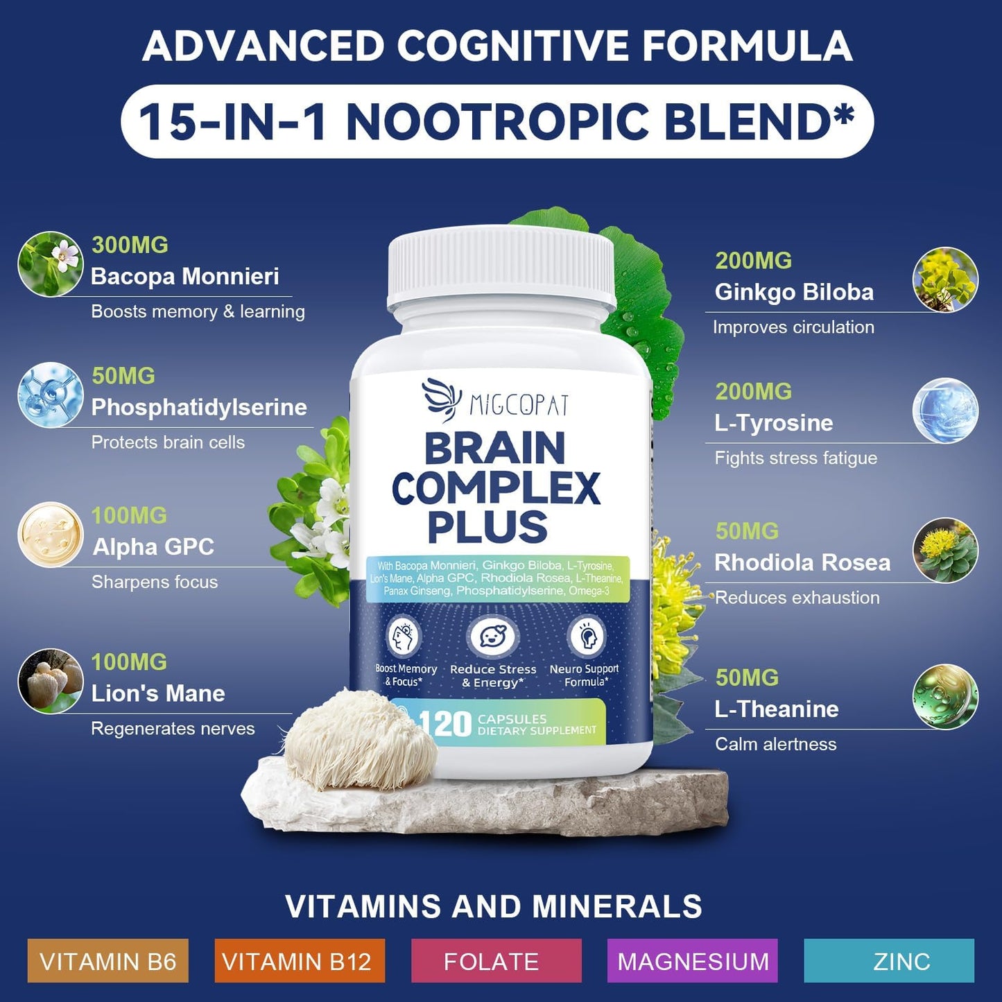 Brain Supplements for Memory and Focus | Nootropic with Bacopa Monnieri, Lion's Mane, Alpha GPC, Ginkgo Biloba | Mental Clarity & Cognitive Support | Vitamin B6 & B12 Neuro Health - Non-GMO, 120 Caps - Maple Wellness Supplements