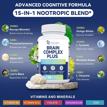Brain Supplements for Memory & Focus - Nootropic with Bacopa Monnieri, Lion's Mane, Alpha GPC, Phosphatidylserine | Supports Mental Clarity & Cognitive Function | Vitamin B6 & B12-120 Capsules - Maple Wellness Supplements