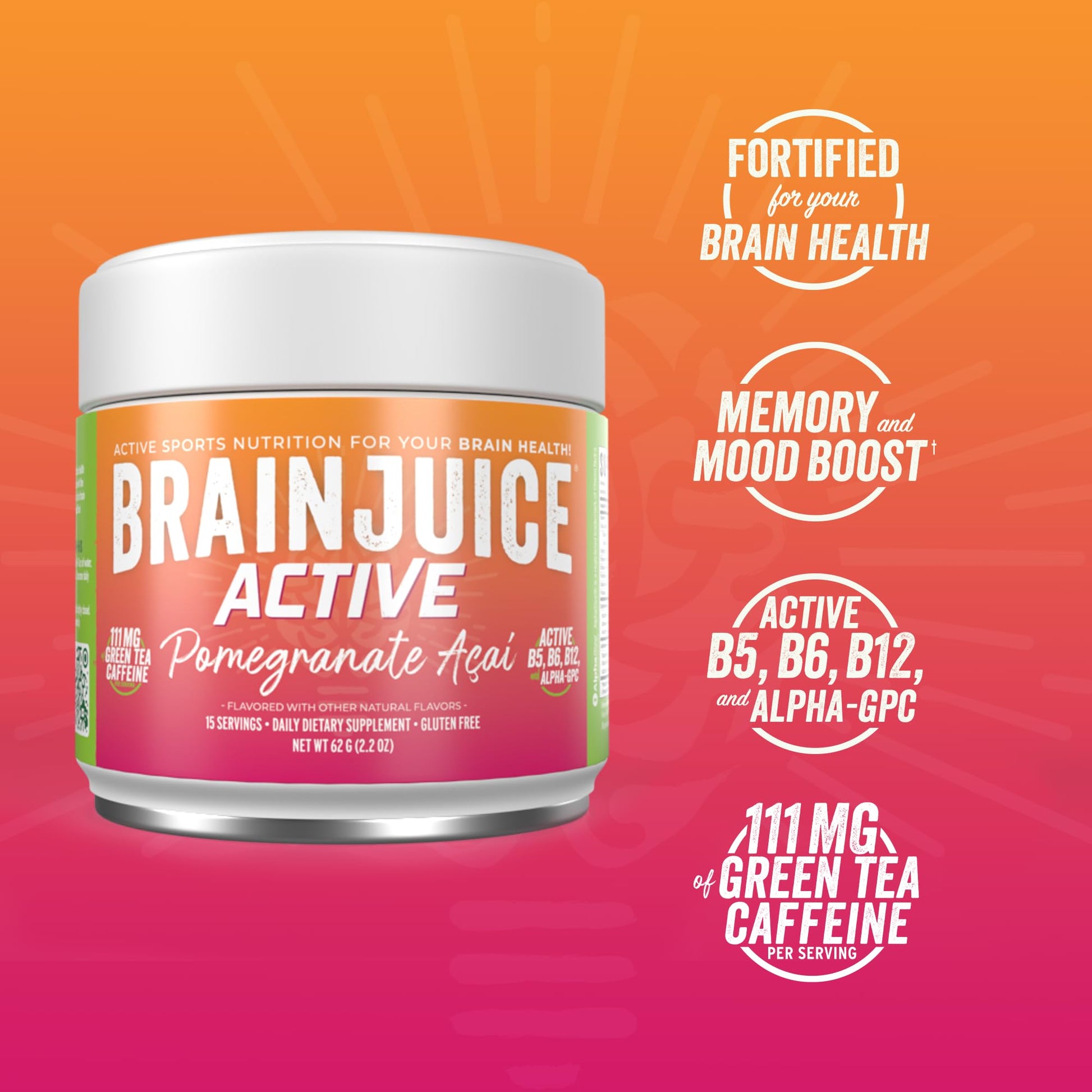 BrainJuice Nootropics Brain Support Supplement, Gluten Free Powder for Energy and Focus, Pre Workout w/Alpha GPC, Vitamin B & Organic Green Tea Extract Caffeine, Active Pomegranate Acai, 15 Servings - Maple Wellness Supplements