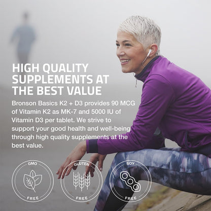 Bronson Vitamin K2 D3 (MK7) Supplement Non-GMO Formula Vitamin D3 5000IU (125 mcg) & 90 mcg K2 MK-7, Easy to Swallow D - Maple Wellness Supplements
