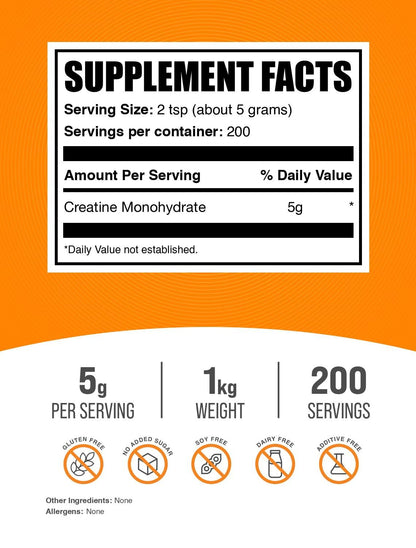 BulkSupplements.com Creatine Monohydrate Powder - Micronized Creatine Powder, Unflavored - Pure & Gluten Free, 5g (5000mg) per Servings, 1kg (2.2 lbs) (Pack of 1) - Maple Wellness Supplements