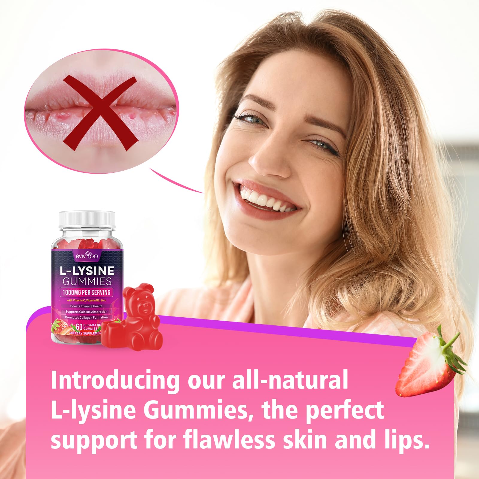 BVIVLOO L-Lysine 1000mg Gummies for Immune Support & Skin Health - High Potency Vegan Gummies, Sugar-Free, Natural Berry Flavor, Gluten-Free Chewable Supplement - Maple Wellness Supplements