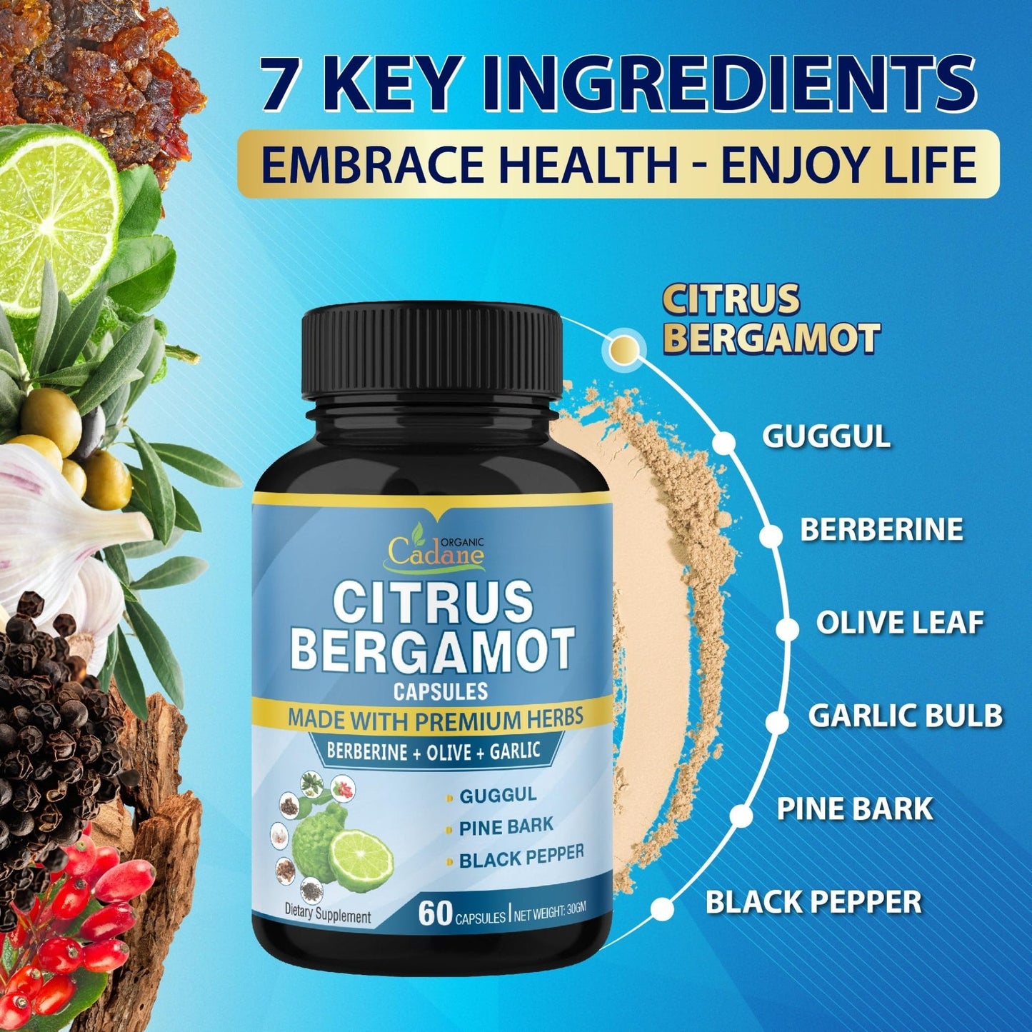 Cadane 2 Packs Citrus Bergamot Extract Capsules with Berberine, Olive, Guggul, Garlic, Pine Bark, Black Pepper | 4 Months Supply - Maple Wellness Supplements
