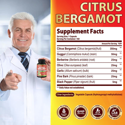 Cadane Citrus Bergamot Supplement Capsules with Berberine, Olive, Guggul, Garlic, Pine Bark, Black Pepper - Maple Wellness Supplements