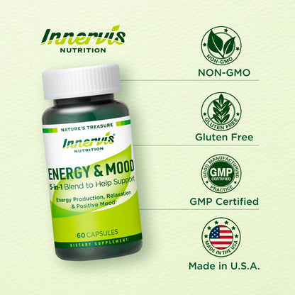 Caffeine Free Natural Energy Boost with Ashwagandha, Maca & Magnesium - Support Stress Relief, Focus & Mood - 60 Capsules by Innervis Nutrition - Maple Wellness Supplements
