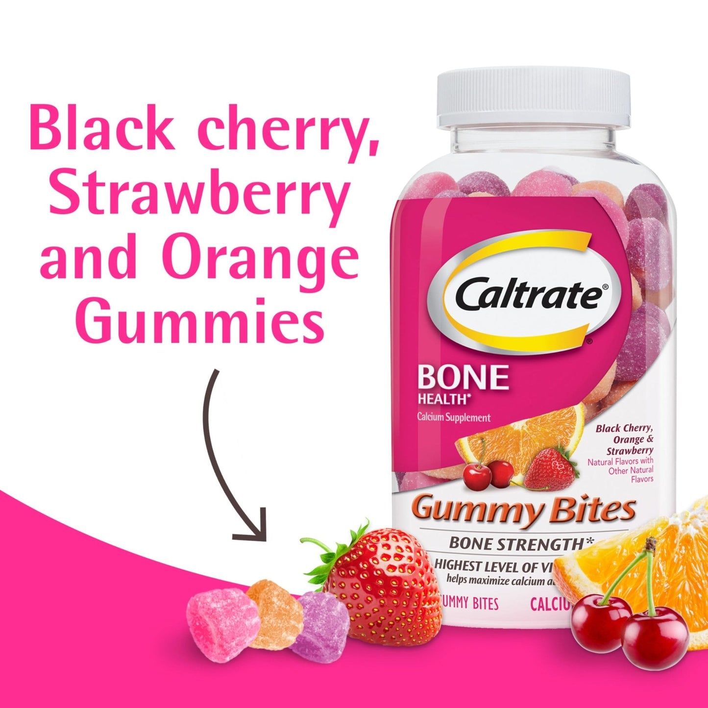 Caltrate Gummy Bites 500 mg Calcium and Vitamin D Supplement, Black Cherry, Strawberry, Orange - 100 Count - Maple Wellness Supplements