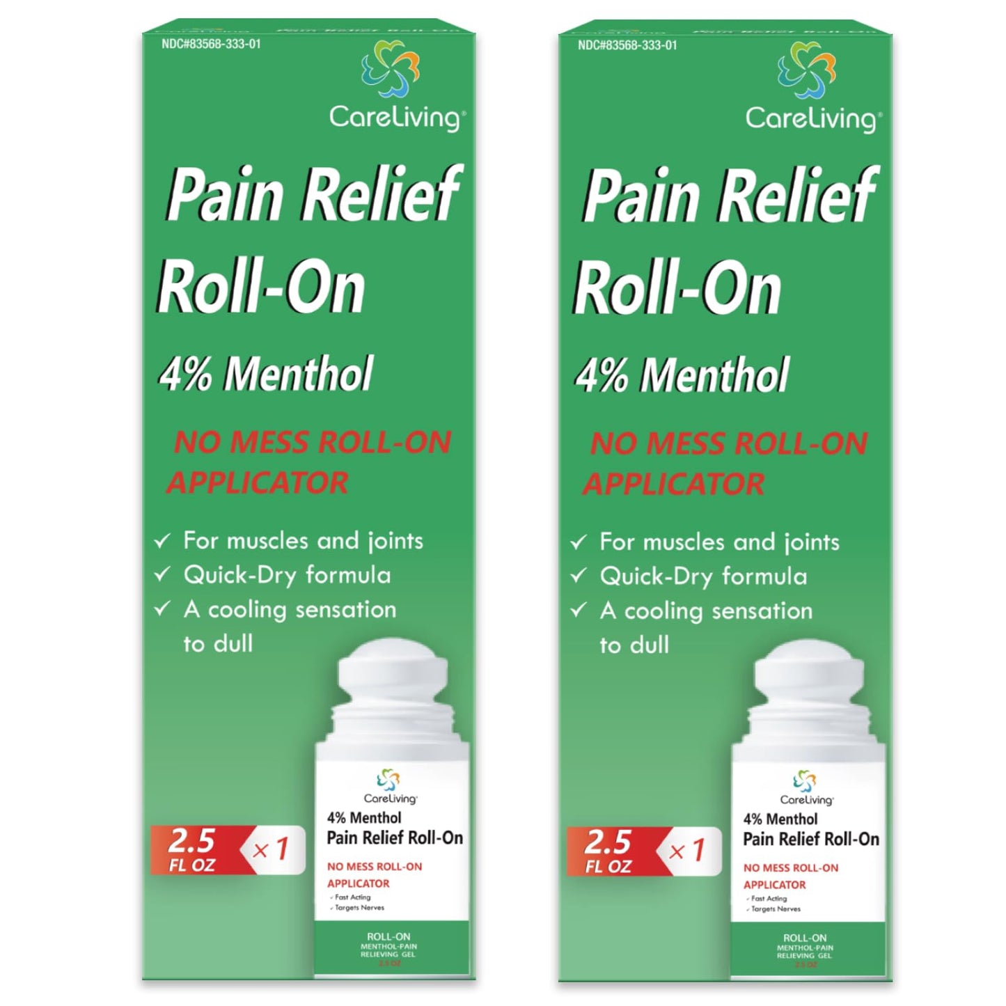 CARELIVING Roll On Pain Relief for Knee, Neck, Joint, Shoulder, Arthritis Pain Reliever, Sore Muscle Relief, Roll On Menthol Gel 2.5 Fl Oz (Pack of 2) - Maple Wellness Supplements