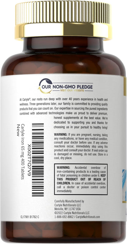 Carlyle Iron Ferrous Sulfate 325mg, 65 mg | 400 Tablets | Non-GMO, Gluten Free, and Vegetarian Supplement | High Potency - Maple Wellness Supplements