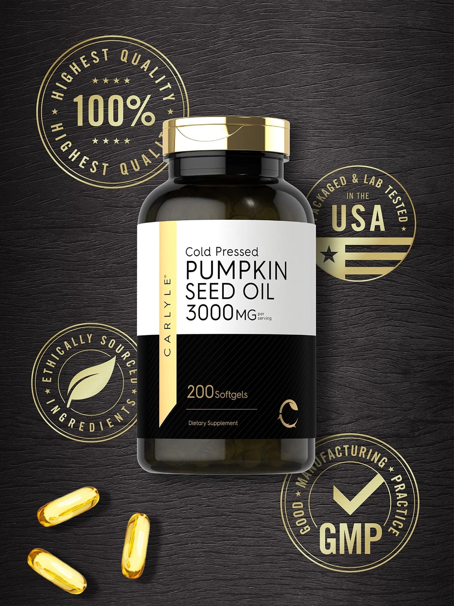 Carlyle Pumpkin Seed Oil Capsules | 3000mg | 200 Softgels | Essential Fatty Acids | Cold Pressed Dietary Supplement | Non-GMO and Gluten Free Formula - Maple Wellness Supplements
