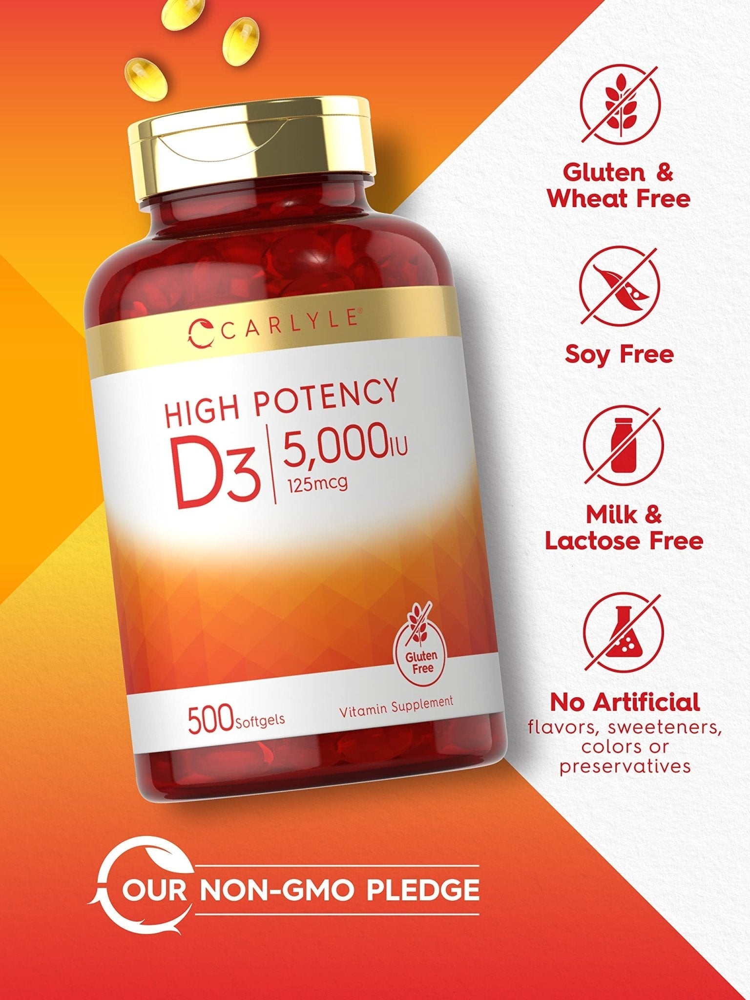 Carlyle Vitamin D3 5000 IU Softgels | 500 Count | Value Size | Non-GMO and Gluten Free Supplement | High Potency Formula | 125mcg - Maple Wellness Supplements