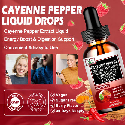 Cayenne Pepper Drops, High Absorption 6-in-1 Liquid Cayenne Pepper Supplement w/Ceylon Cinnamon, Green Tea Extract, Turmeric, Organic Liquid Drops Than Cayenne Capsules Powder - Maple Wellness Supplements